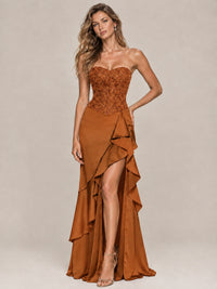 Strapless Lace Appliques Corset Satin Prom Dress Ruffle Slit Evening Gown