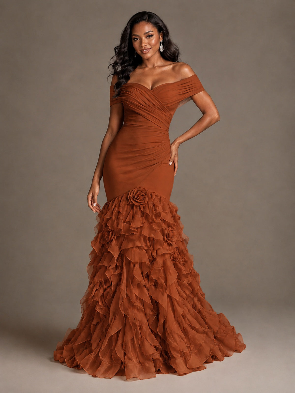 Pink Off-the-Shoulder Mermaid Prom Dress with Ruffles 3D Flowers