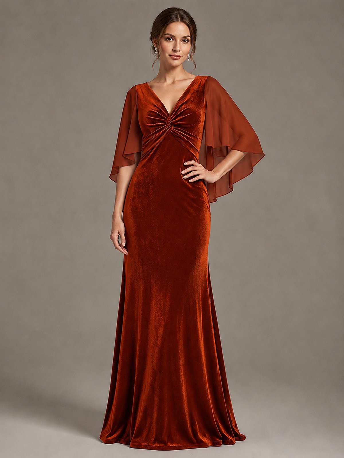 Navy Blue Velvet V Neck Mermaid Formal Dress with Flutter Cape Sleeves