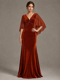 Navy Blue Velvet V Neck Mermaid Formal Dress with Flutter Cape Sleeves