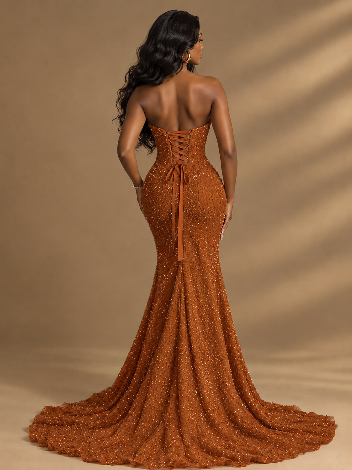 Beaded Sequin Prom Dress Strapless Formal Gowns with High Slit Train
