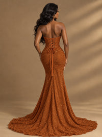 Beaded Sequin Prom Dress Strapless Formal Gowns with High Slit Train