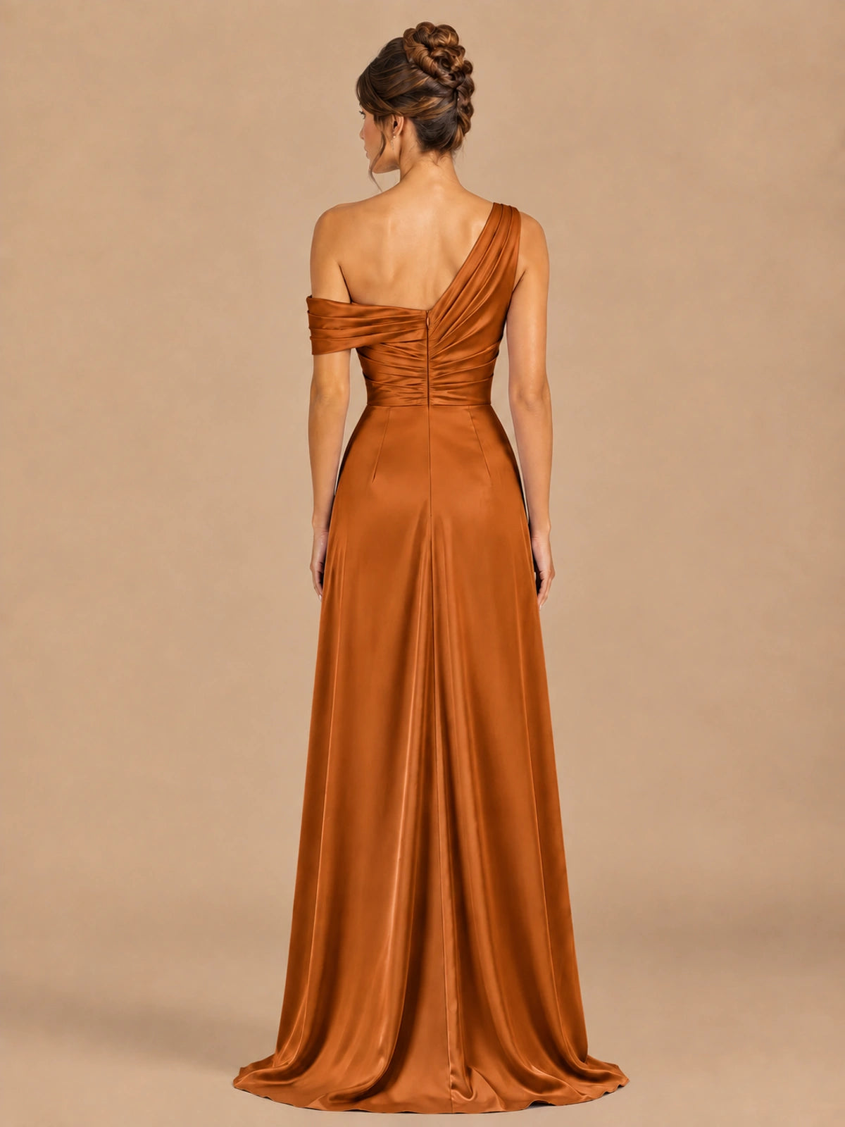 Satin One Shoulder Prom Dress Ruched Long Formal Evening Gown