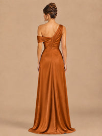 Satin One Shoulder Prom Dress Ruched Long Formal Evening Gown