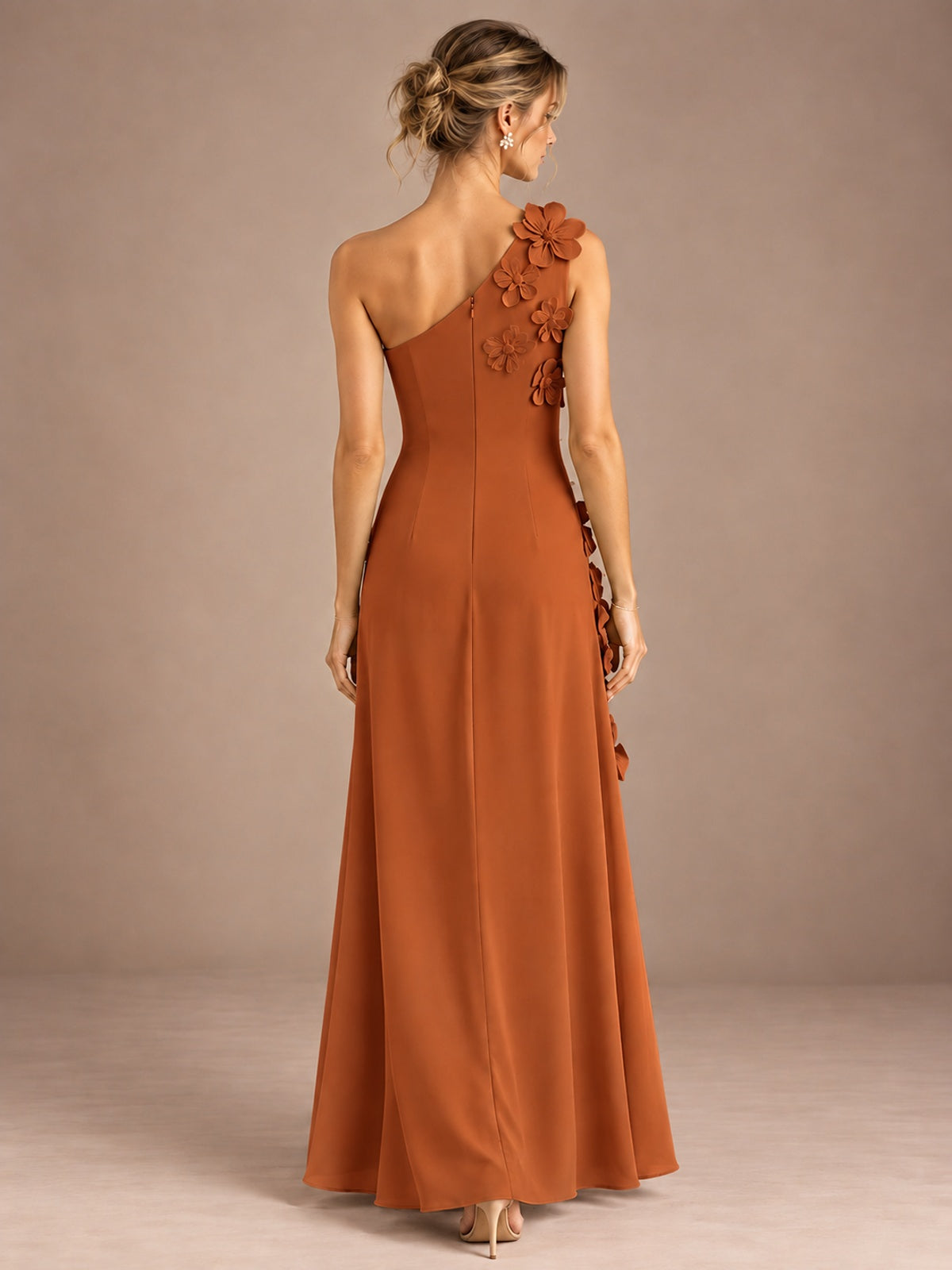 Sage Green One Shoulder Satin Formal Maxi Dress with 3D Floral