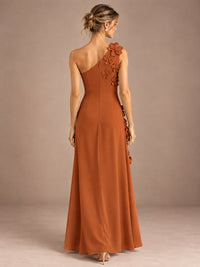 Sage Green One Shoulder Satin Formal Maxi Dress with 3D Floral