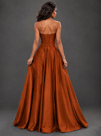 Draped Satin Prom Dress Strapless A-line Formal Dress Floor Length