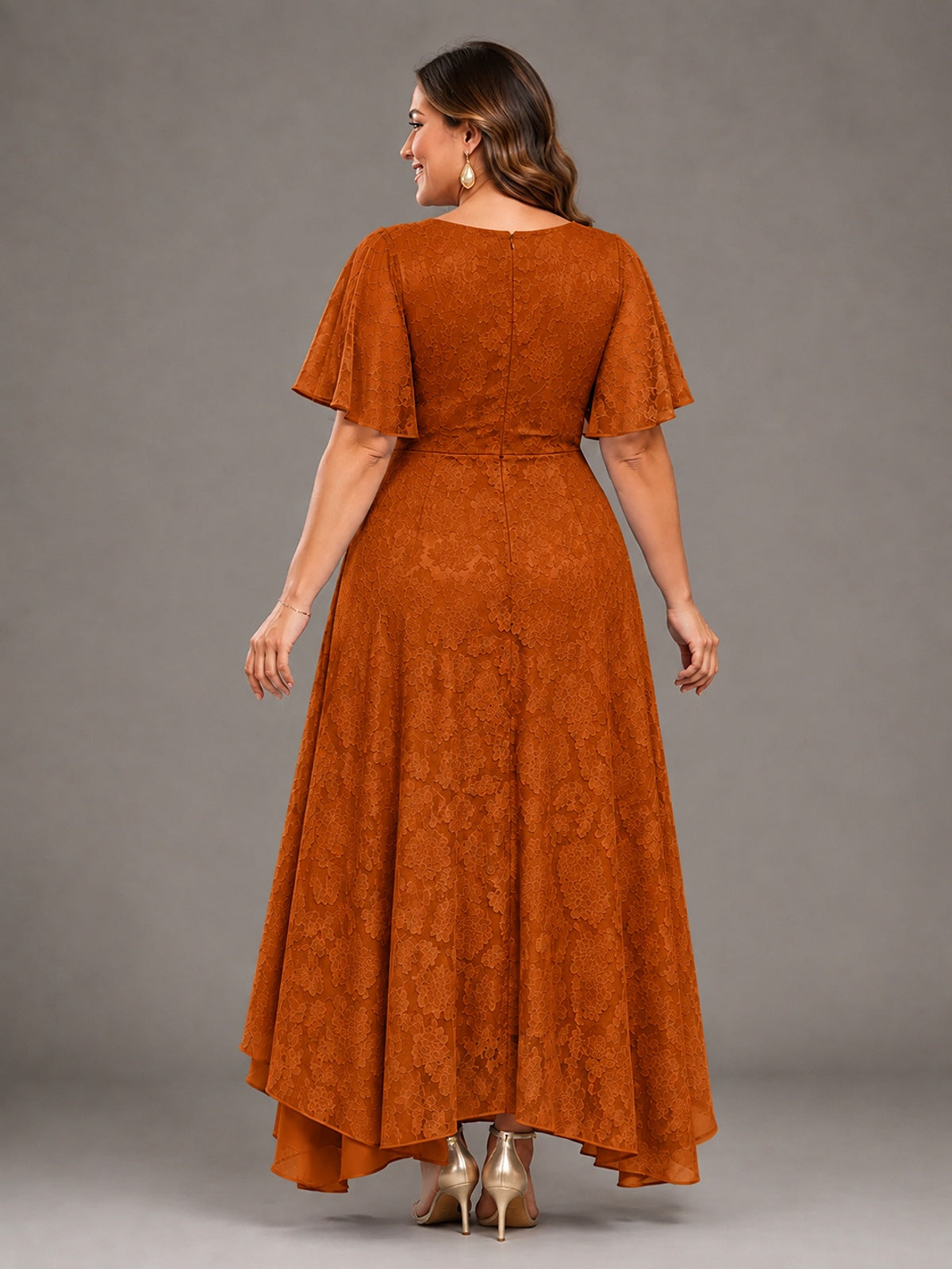 Jacquard Chiffon A-Line V-Neck High-Low Mother of the Bride Dress