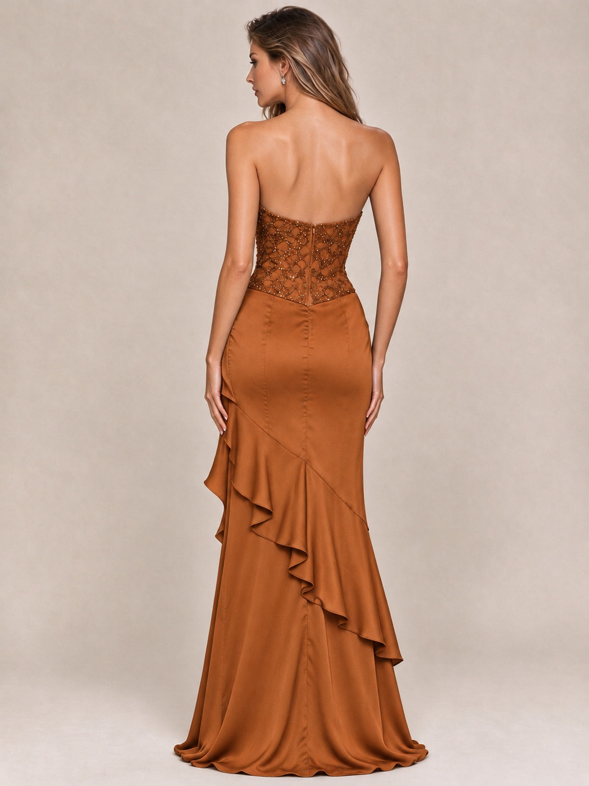 Strapless Lace Appliques Corset Satin Prom Dress Ruffle Slit Evening Gown
