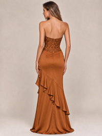 Strapless Lace Appliques Corset Satin Prom Dress Ruffle Slit Evening Gown