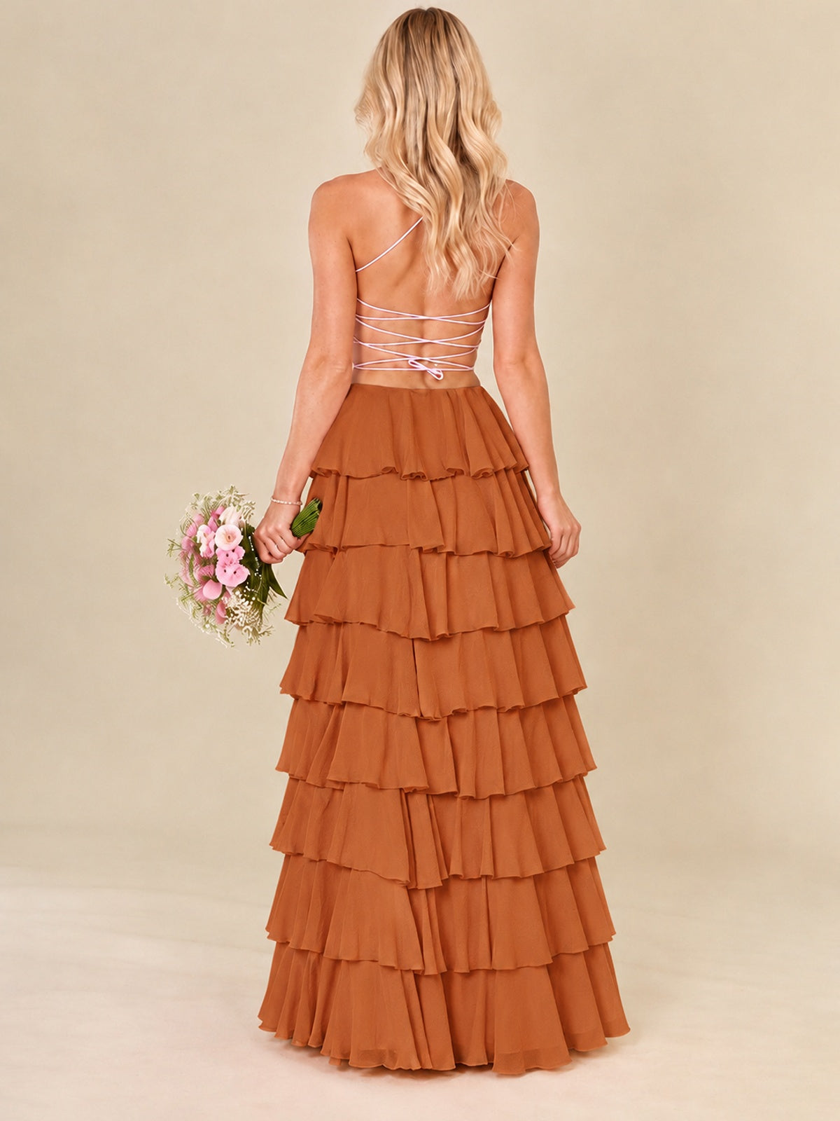 Ruffled Tiered Chiffon Prom Dress Spaghetti Straps Formal Maxi Dress with Slit