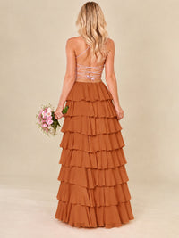 Ruffled Tiered Chiffon Prom Dress Spaghetti Straps Formal Maxi Dress with Slit