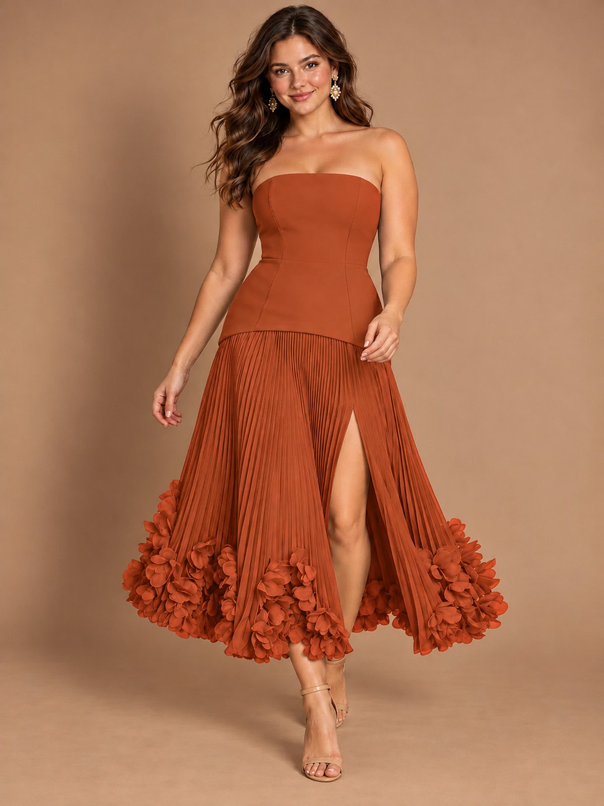 Navy Blue Strapless Pleated A-Line Midi Dress with 3D Floral Applique