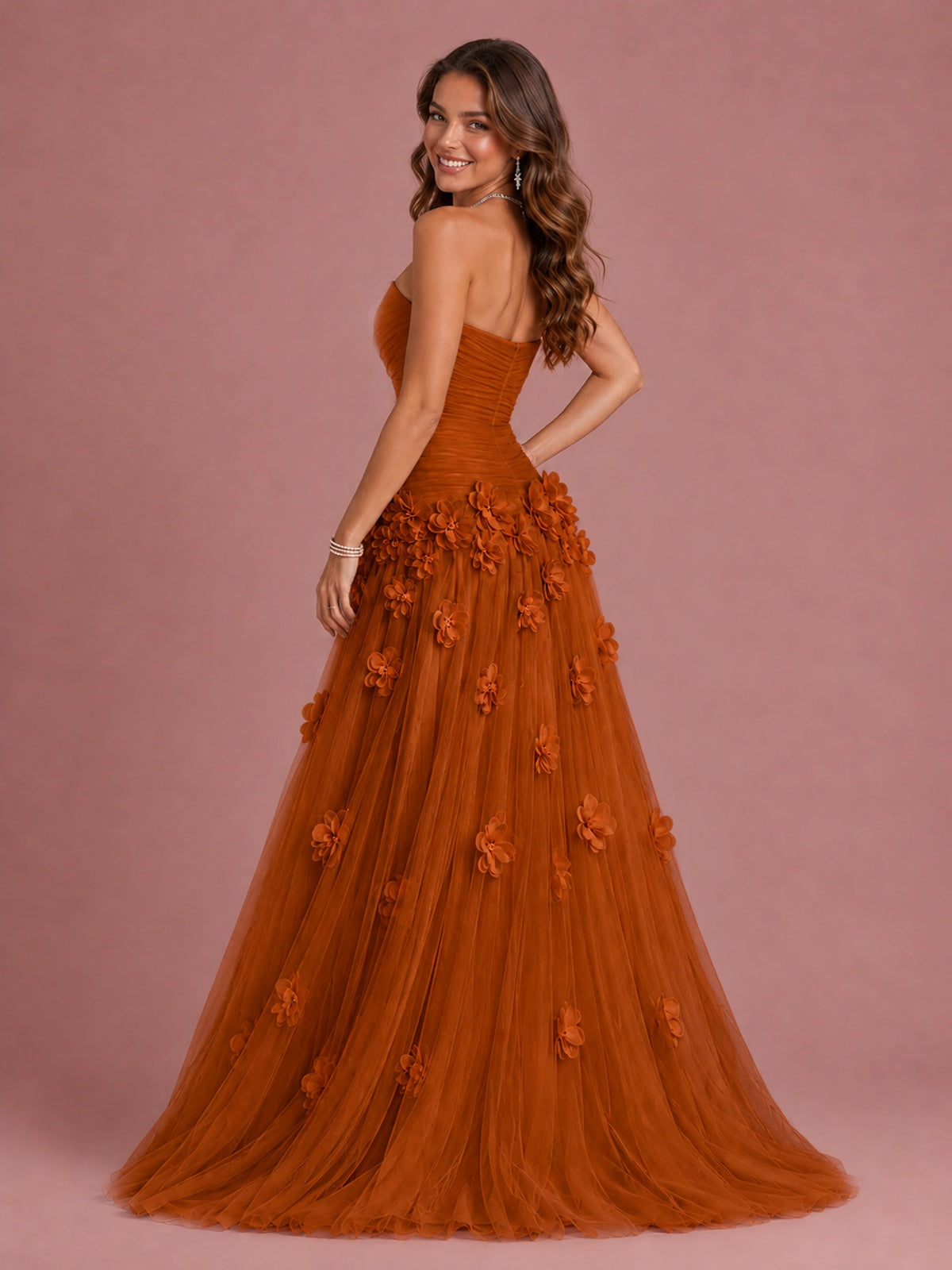 Blush Pink Strapless Sweetheart 3D Floral Tulle Ball Gown Prom Dres