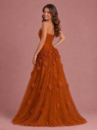 Blush Pink Strapless Sweetheart 3D Floral Tulle Ball Gown Prom Dres