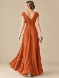 Pleated Chiffon Lace Mother of The Bride Dresses with Beading Cap Sleeves