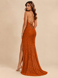Sequin Lace Appliques Mermaid Prom Dress Spaghetti Strap Formal Gowns with Slit