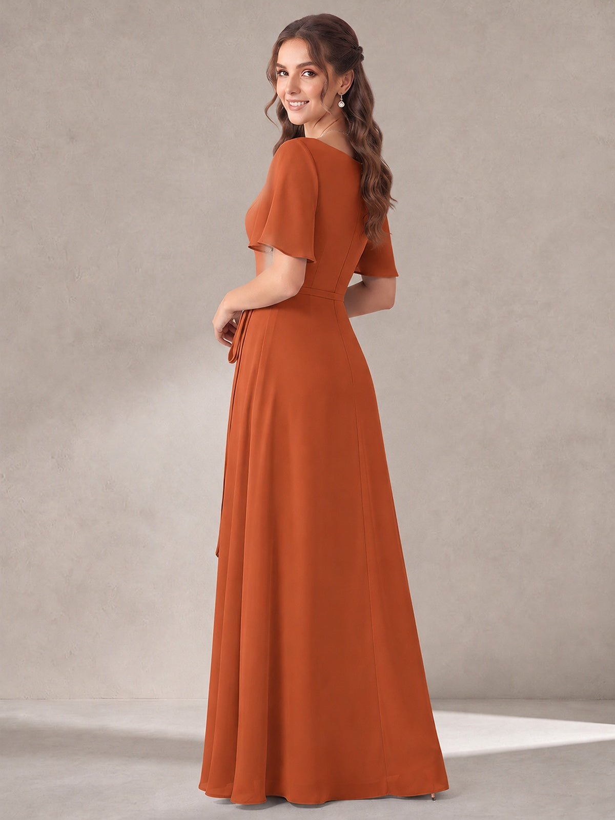 Scoop Neck A-line Chiffon Bridesmaid Dress with Flutter Sleeve & Belt