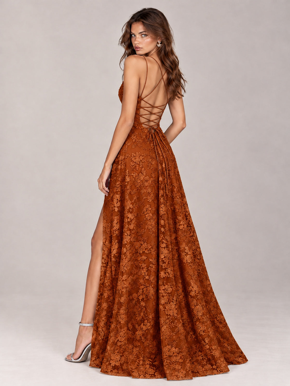 Floral Lace A-Line Prom Dress with Spaghetti Straps & High Slit