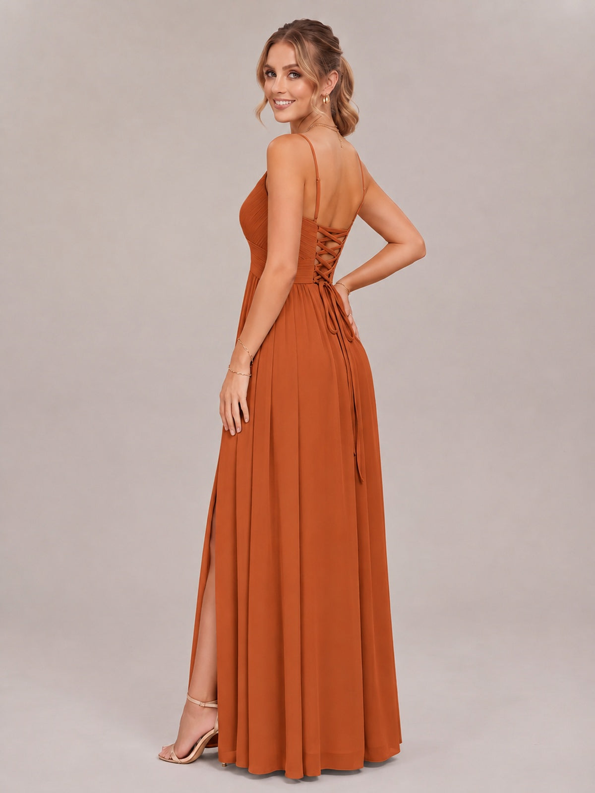 V-Neck Pleated Chiffon Long Bridesmaid Dress with Slit