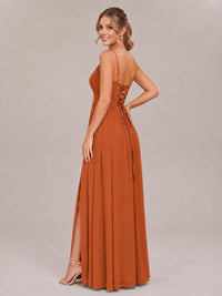 V-Neck Pleated Chiffon Long Bridesmaid Dress with Slit