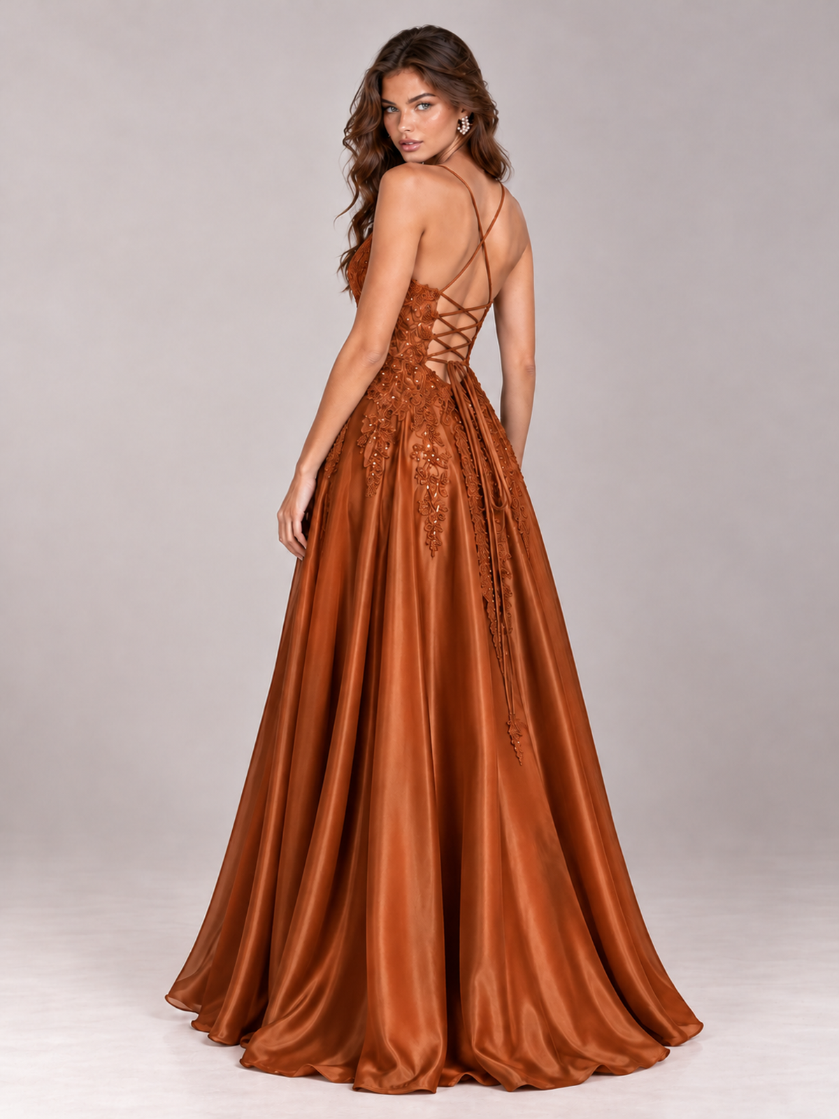 Lace Applique Satin A-Line Prom Dress with Sheer Bodice