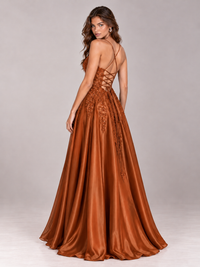 Lace Applique Satin A-Line Prom Dress with Sheer Bodice
