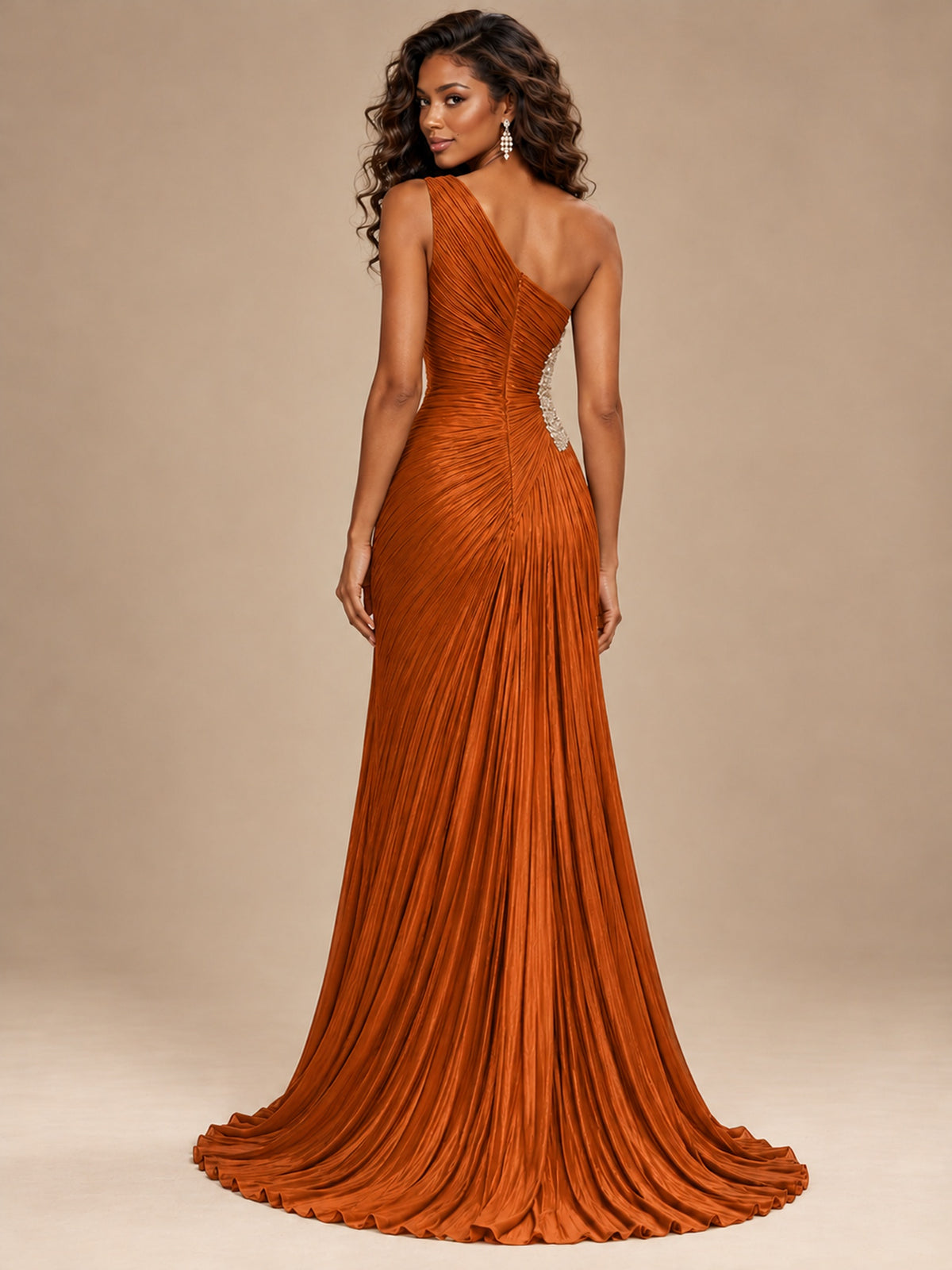 Burgundy One Shoulder Ruched Prom Dress with High Slit & Beaded Waist