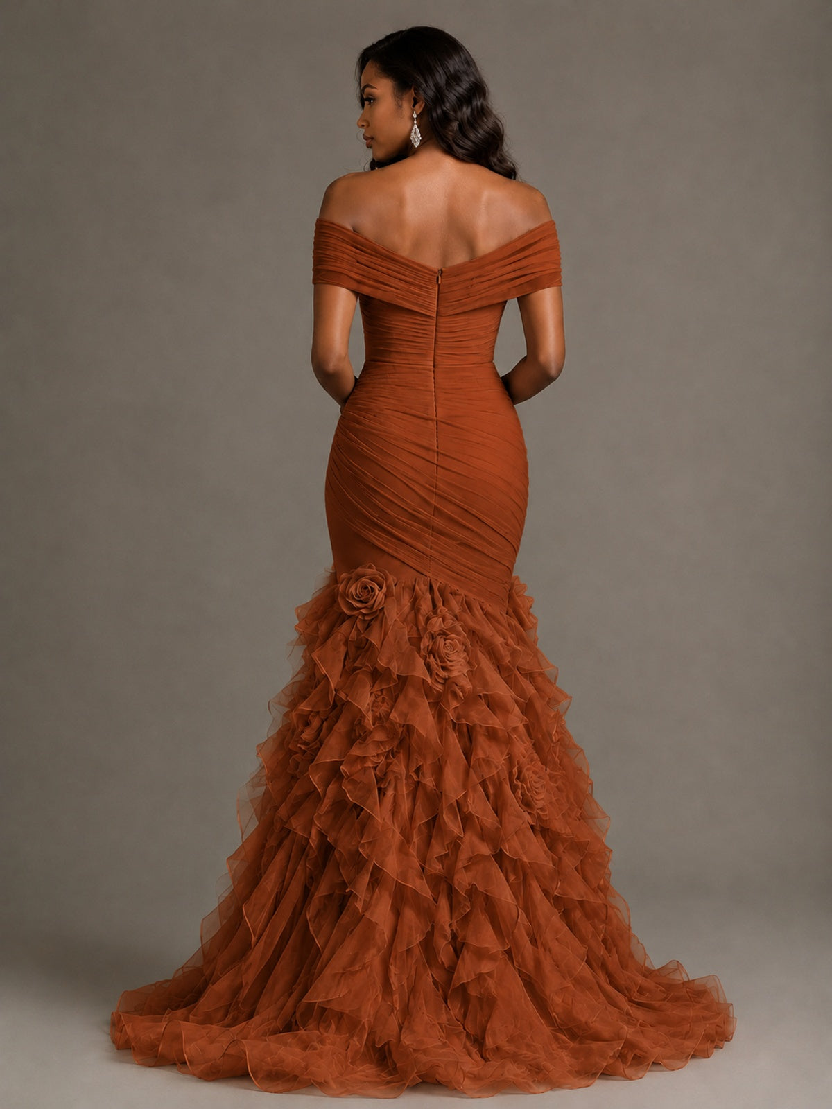 Pink Off-the-Shoulder Mermaid Prom Dress with Ruffles 3D Flowers