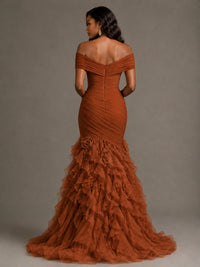 Pink Off-the-Shoulder Mermaid Prom Dress with Ruffles 3D Flowers