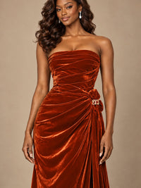 Burgundy Velvet Strapless Ruched Prom Dress with Jeweled Side Drape