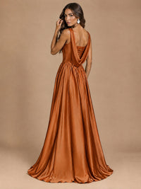 Cowl Neck Pleated Satin Prom Dress with Pockets & Slit Maxi Formal Gowns