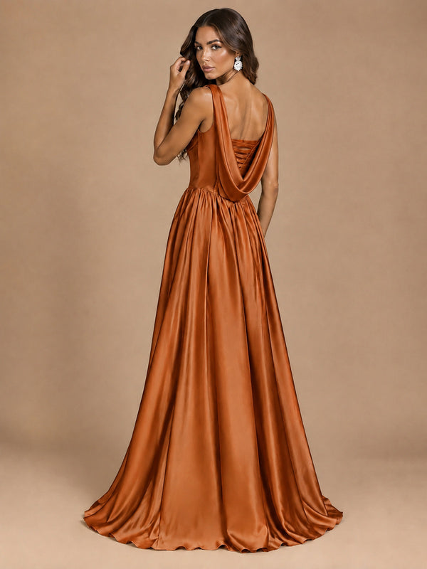 Cowl Neck Pleated Satin Prom Dress with Pockets & Slit Maxi Formal Gowns