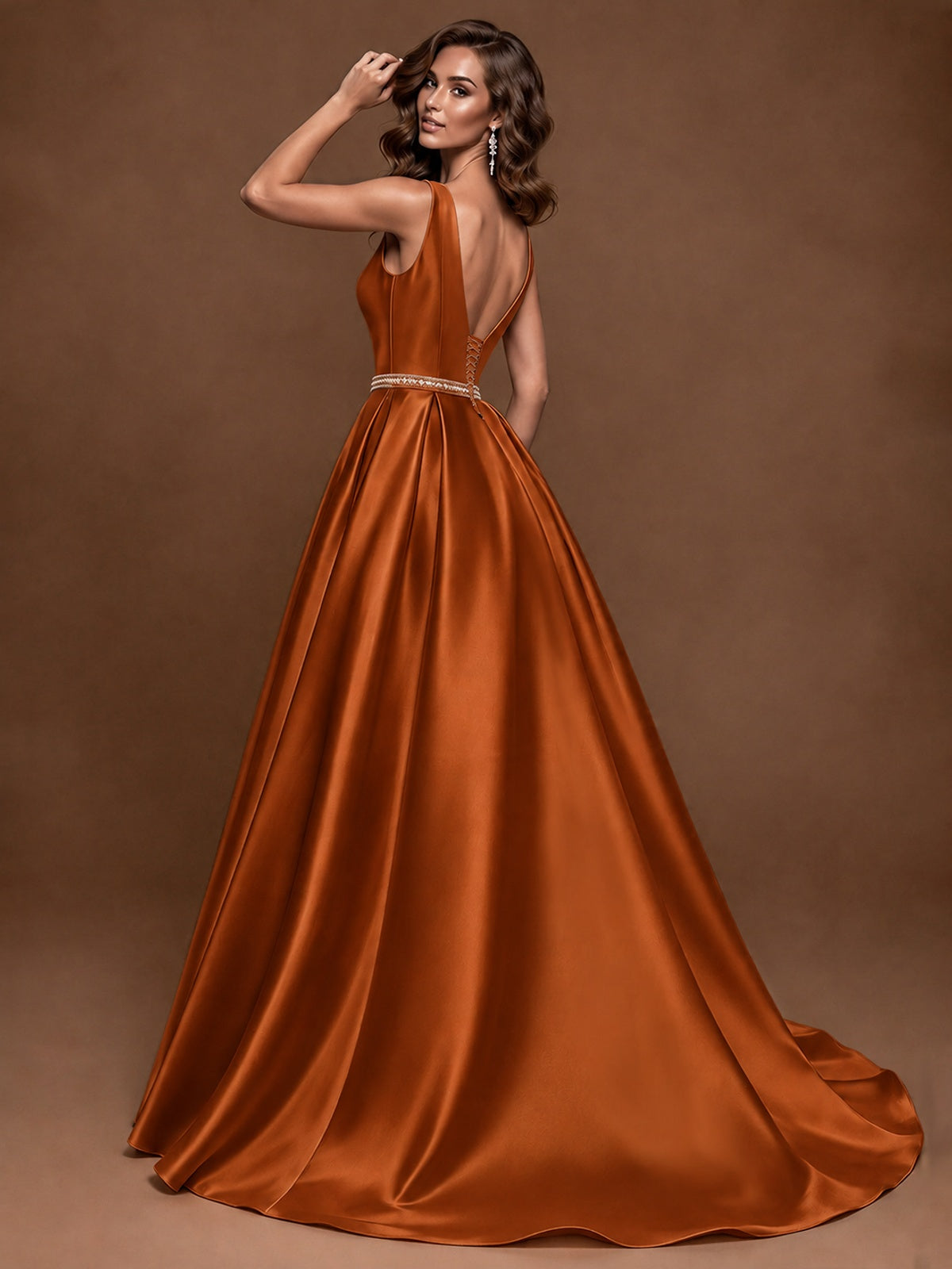 Satin A-Line Prom Dress Sleeveless Beaded Waist Formal Gown with Pockets