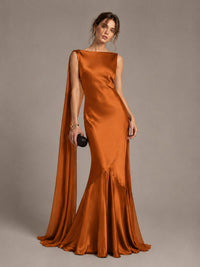 Burgundy Satin Mermaid Cape Maxi Dress