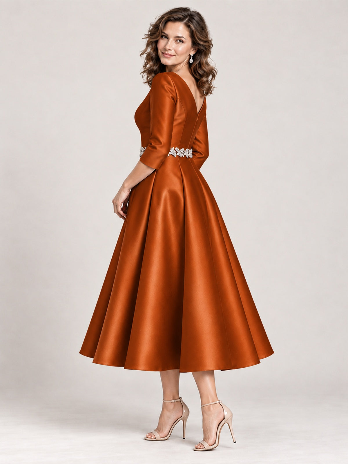 V-Neck Tea-Length Mother of the Bride Dress with Embellished Waist
