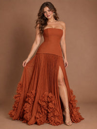 Strapless Pleated Floral Satin Formal Dress with Side Slit