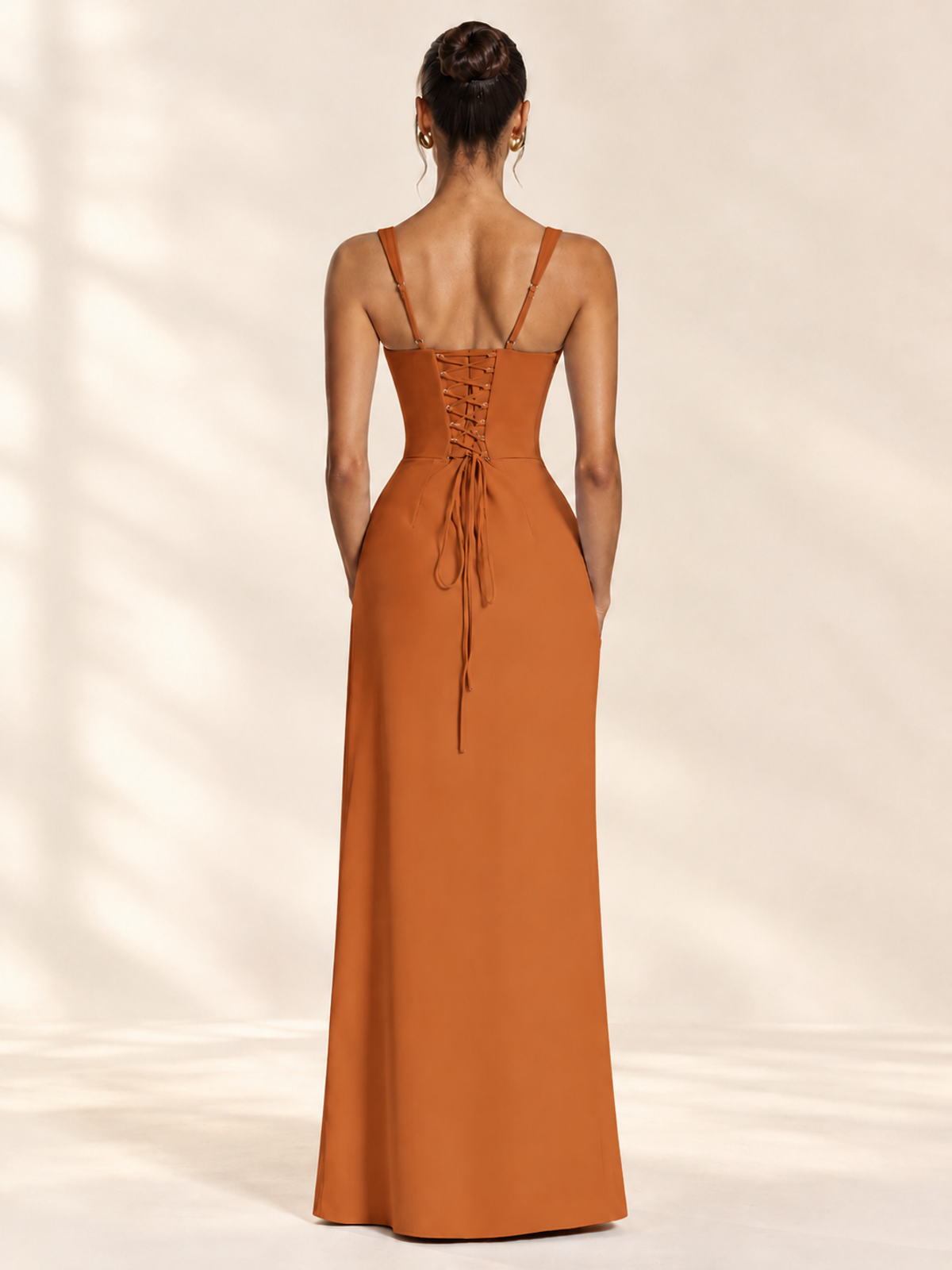 Square Neck Satin Sleeveless Ruched Prom Dress with High Slit