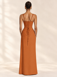 Square Neck Satin Sleeveless Ruched Prom Dress with High Slit
