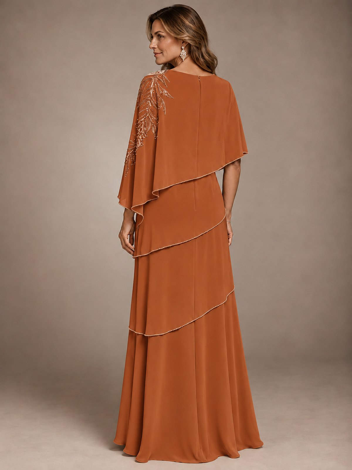 Elegant Chiffon Cape Sleeve Beaded Mother of the Bride Dress