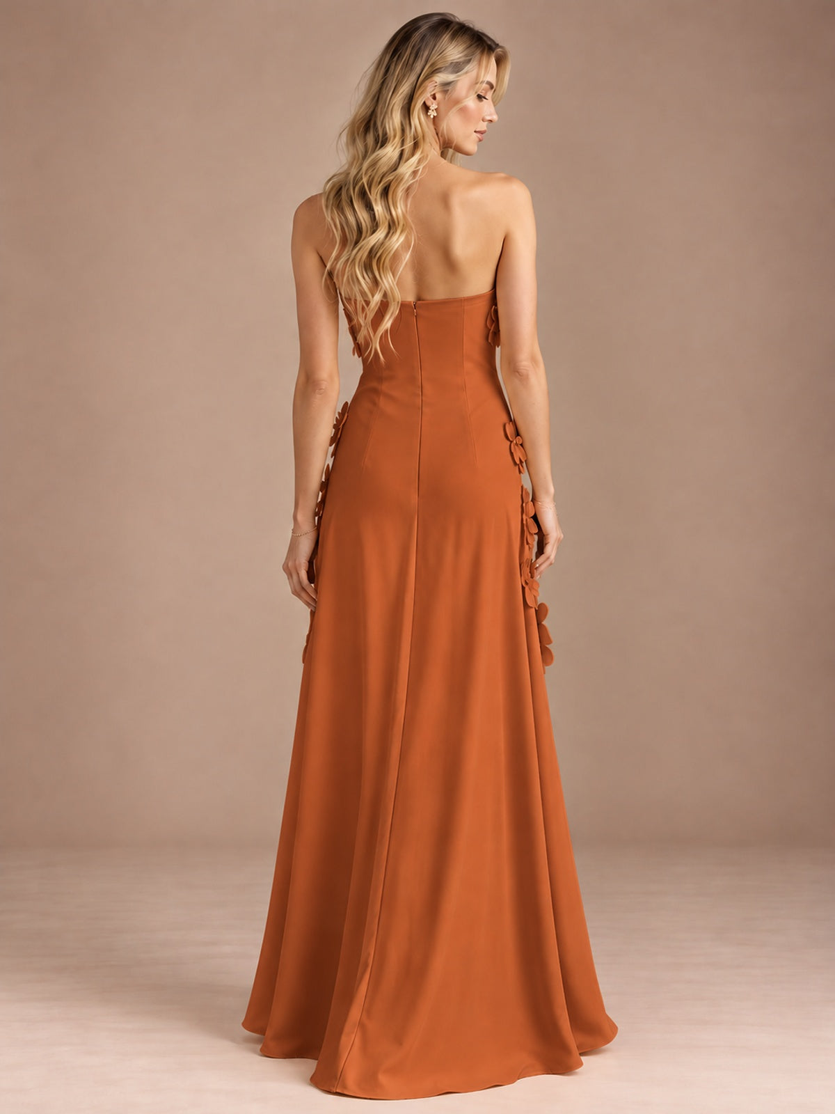 Yellow Strapless A-line Satin Maxi Dress with 3D Floral