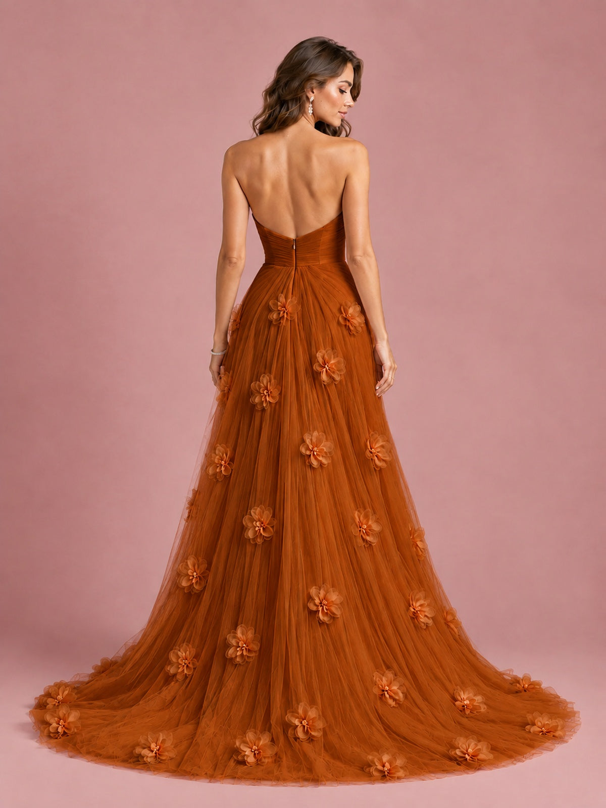 3D Floral Applique Strapless Tulle Prom Dress with High Slit