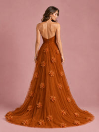 3D Floral Applique Strapless Tulle Prom Dress with High Slit