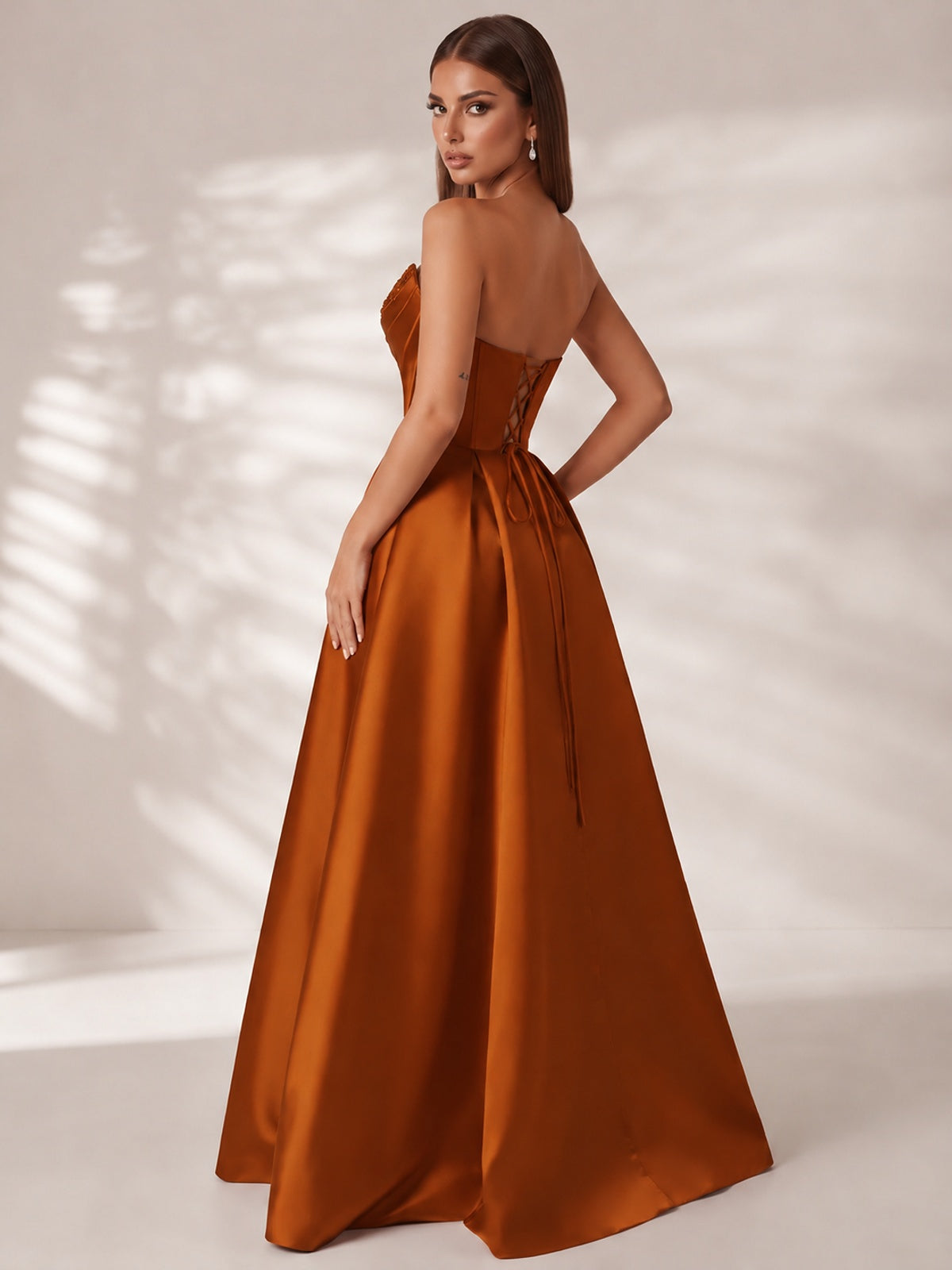 Strapless Corset Satin Prom Dress Long Evening Gown with High Slit