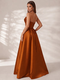 Strapless Corset Satin Prom Dress Long Evening Gown with High Slit