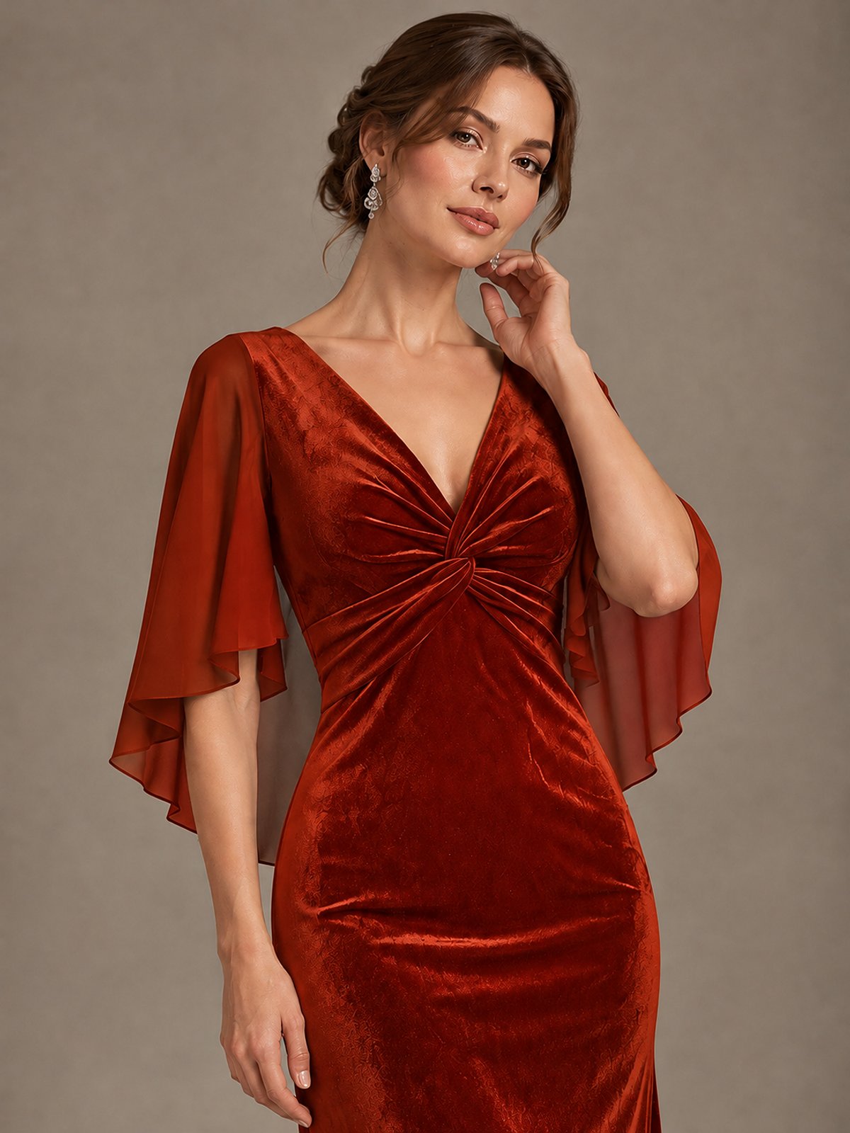 Navy Blue Velvet V Neck Mermaid Formal Dress with Flutter Cape Sleeves