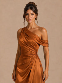 Satin One Shoulder Prom Dress Ruched Long Formal Evening Gown