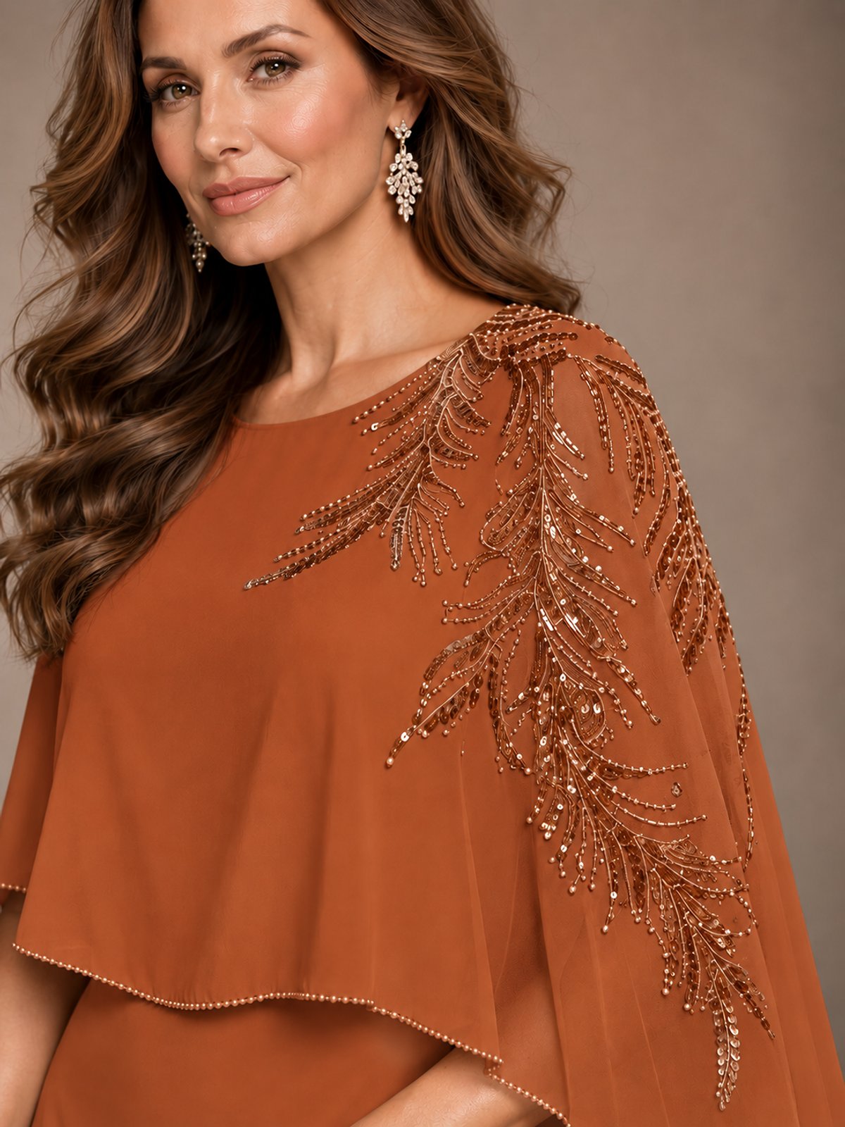 Elegant Chiffon Cape Sleeve Beaded Mother of the Bride Dress