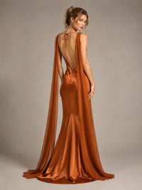Burgundy Satin Mermaid Cape Maxi Dress