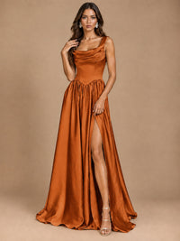 Cowl Neck Pleated Satin Prom Dress with Pockets & Slit Maxi Formal Gowns